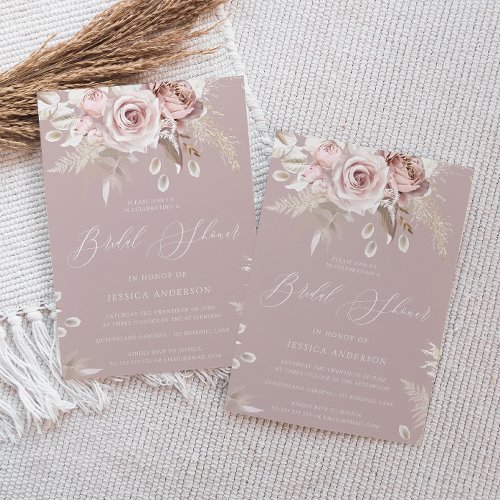 Dusty Rose  Blush Boho Flowers Bridal Shower Invitation