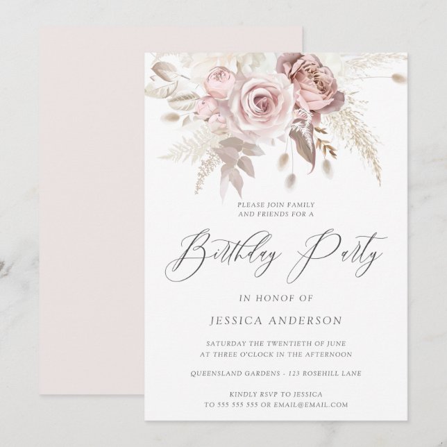 Dusty Rose Blush Boho Ivory Floral Birthday Party  Invitation (Front/Back)