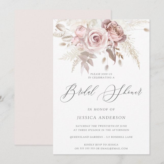 Dusty Rose Blush Boho Ivory Floral Bridal Shower I Invitation (Front/Back)