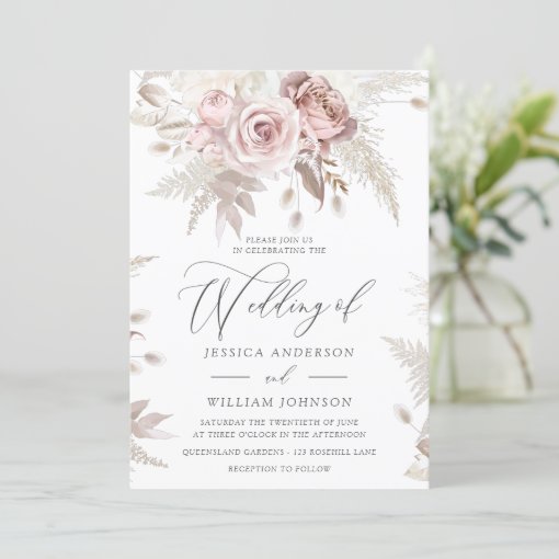 Dusty Rose Blush Boho Pink Floral Wedding Invitation | Zazzle