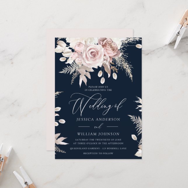 Dusty Rose Blush Boho Pink Floral Wedding Navy Invitation (Front/Back In Situ)