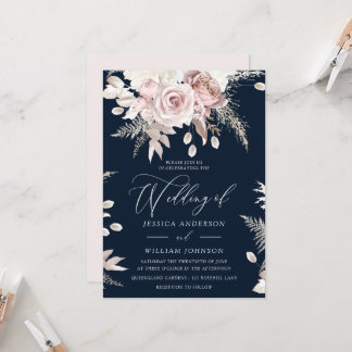 Dusty Rose Blush Boho Pink Floral Wedding Navy Invitation