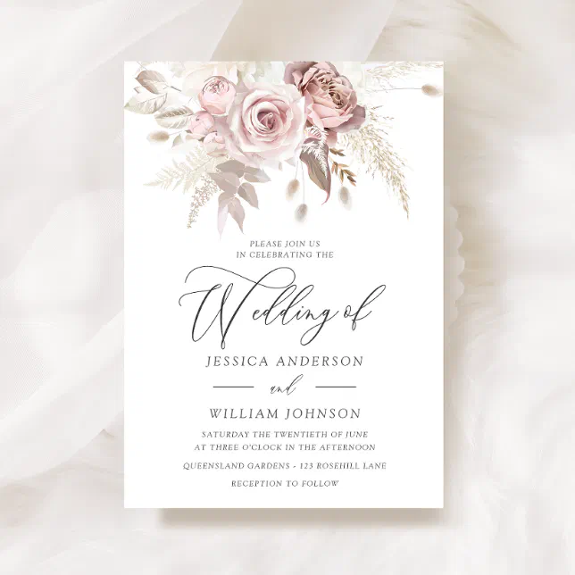 Dusty Rose Blush Boho Pink Ivory Floral Wedding Invitation | Zazzle