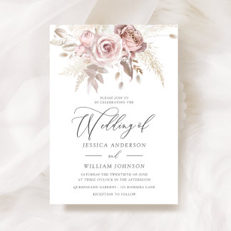 Dusty Rose Blush Boho Pink Ivory Floral Wedding  Invitation