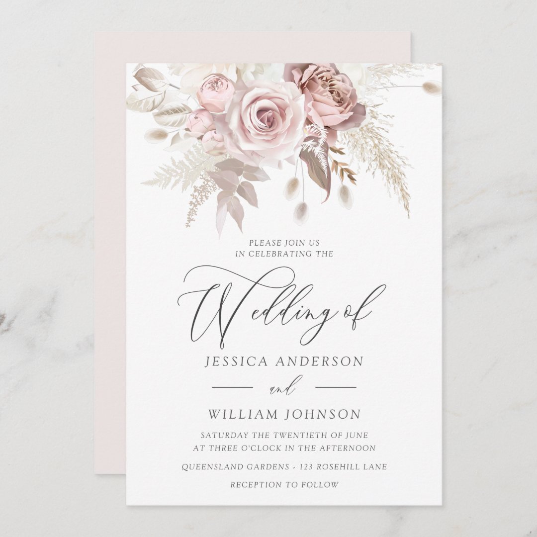 Dusty Rose Blush Boho Pink Ivory Floral Wedding Invitation | Zazzle