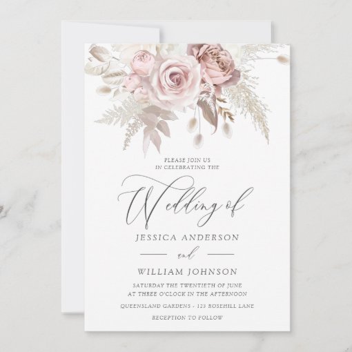 Dusty Rose Blush Boho Pink Ivory Floral Wedding Invitation | Zazzle