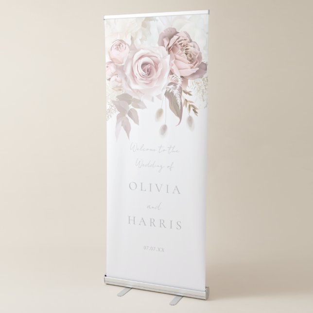 Dusty Rose Blush Boho Pink Ivory Floral Wedding Retractable Banner (3/4)