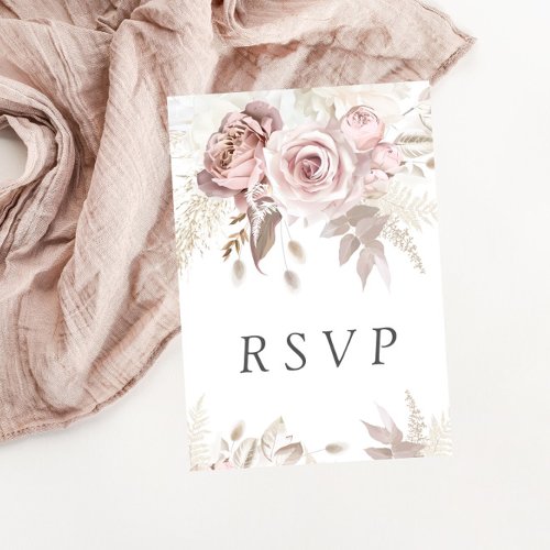 Dusty Rose Blush Boho Pink Ivory Floral Wedding RSVP Card