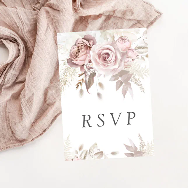 Dusty Rose Blush Boho Pink Ivory Floral Wedding RSVP Card | Zazzle