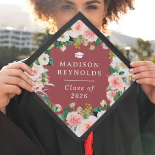 Dusty Rose Blush Botanical Floral Custom Name Graduation Cap Topper