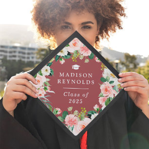 Dusty Rose Blush Botanical Floral Custom Name Graduation Cap Topper