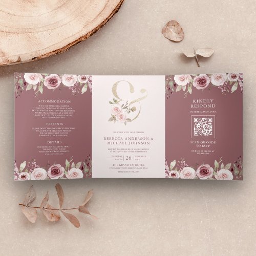 Dusty Rose Blush Floral Ampersand QR Code Wedding Tri_Fold Invitation