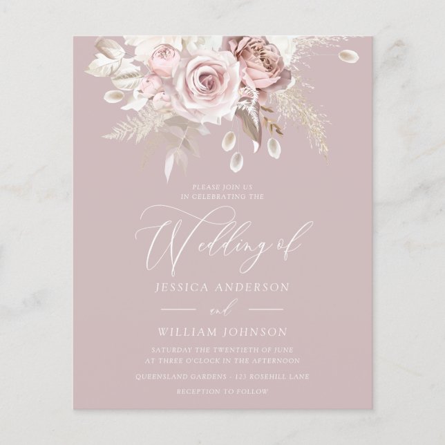 Dusty Rose Blush Floral Budget Wedding Invitation (Front)