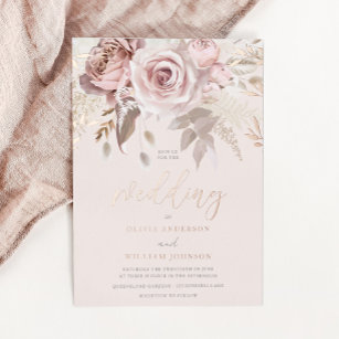 Dusty Rose Blush Floral Fall Wedding Rose Gold Foil Invitation