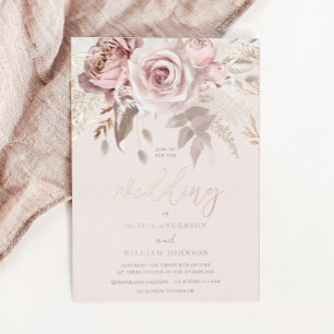 Dusty Rose Blush Floral Fall Wedding Rose Gold Foil Invitation
