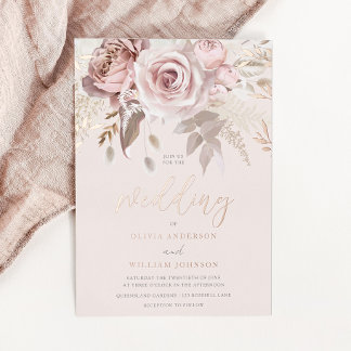 Dusty Rose Blush Floral Fall Wedding Rose Gold Foil Invitation