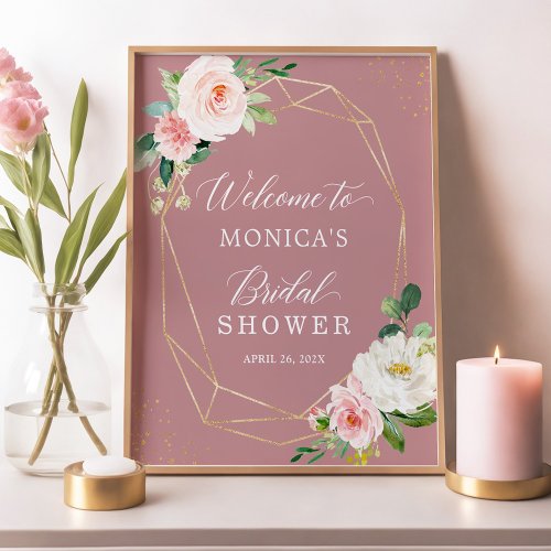 Dusty Rose Blush Floral Gold Bridal Shower Sign