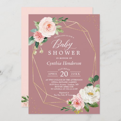 Dusty Rose Blush Floral Gold Geometric Baby Shower Invitation - Celebrate the mother-to-be with this "Gold Confetti Geometric Cinnamon Rose Blush Floral Baby Shower Invitation" that features a Modern Geometric Frame and Blush Watercolor Peonies. It's easy to customize this design to be uniquely yours. For further customization, please click the "customize further" link and use our design tool to modify this template.