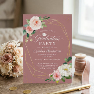 Dusty Rose Blush Floral Gold Geometric Graduation Invitation