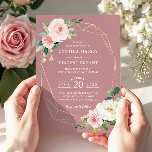 Dusty Rose Blush Floral Gold Geometric Wedding Invitation