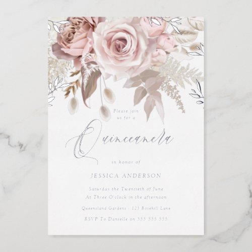 Dusty Rose  Blush Floral Quinceanera Silver Foil Invitation