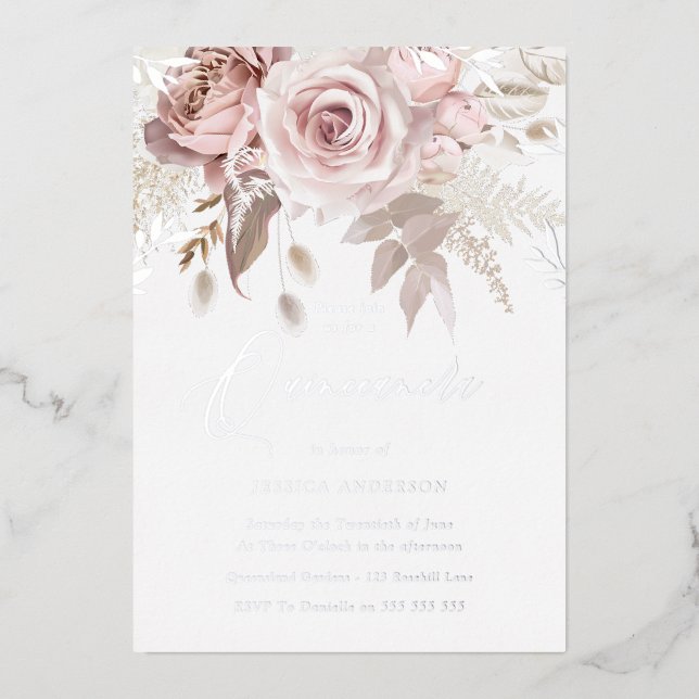 Dusty Rose & Blush Floral Quinceanera Silver Foil Invitation (Front)
