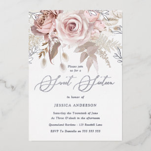 Dusty Rose & Blush Floral Silver Foil Sweet 16 Foil Invitation
