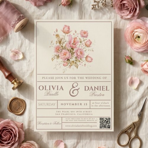 Dusty Rose Blush Floral Vintage Romantic Wedding Invitation