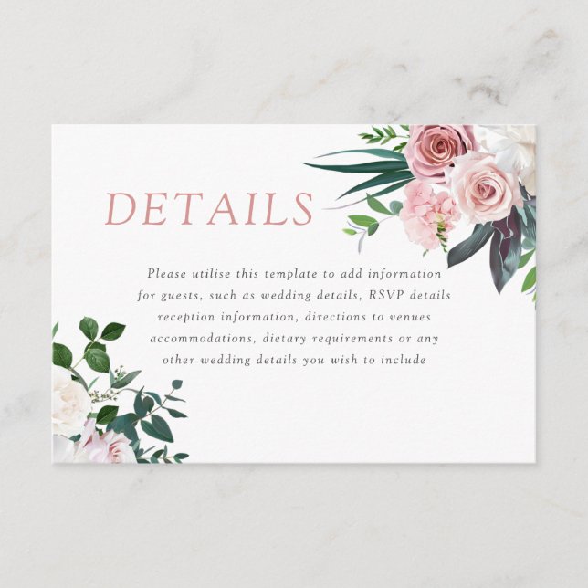 Dusty Rose Blush Floral Wedding Reception Details Enclosure Card (Front)