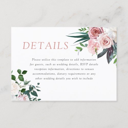 Dusty Rose Blush Floral Wedding Reception Details Enclosure Card
