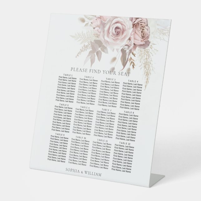 Dusty Rose Blush Floral Wedding Seating Chart Pedestal Sign (Front)