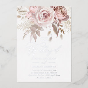 Dusty Rose & Blush Floral Wedding Silver Foil Invitation