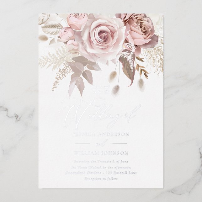Dusty Rose & Blush Floral Wedding Silver Foil Invitation (Front)