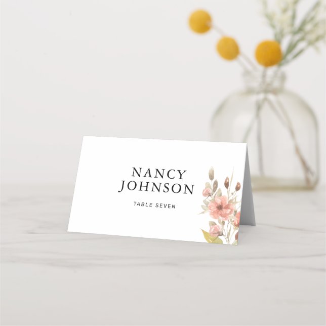 Dusty Rose Blush Floral with Guest Name Wedding  Place Card (Front)