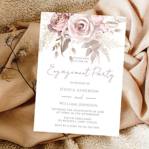 Dusty Rose Blush  Ivory Floral Engagement Party Invitation