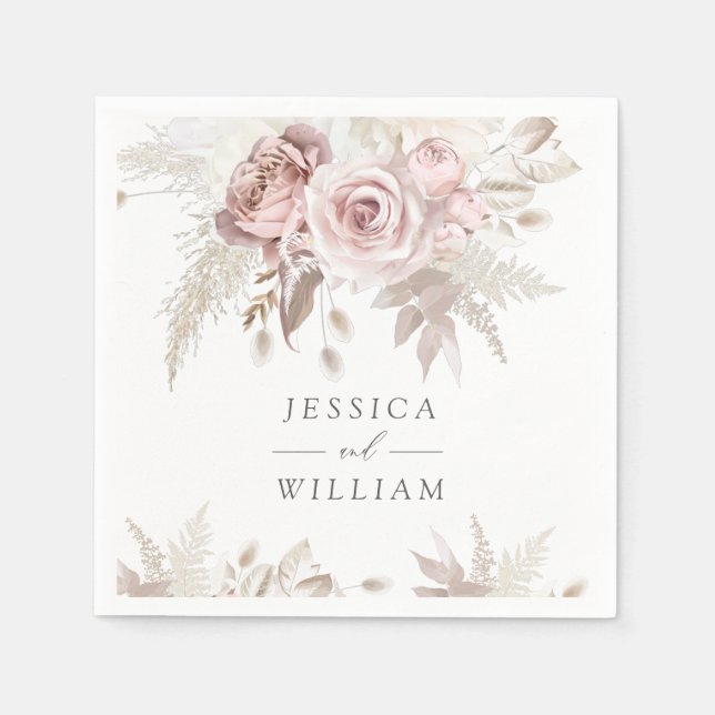 Dusty Rose Blush Ivory Floral Wedding Reception Napkins (Front)