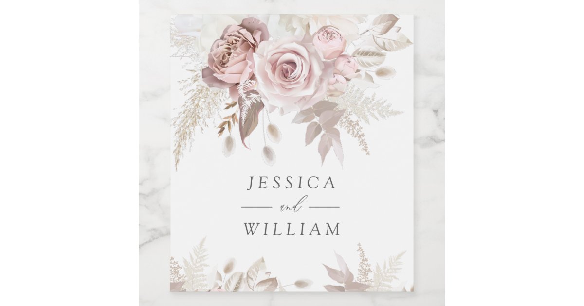 Dusty Rose Blush Ivory Floral Wedding Reception Wine Label | Zazzle