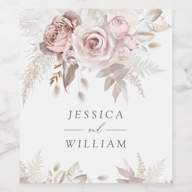 Dusty Rose Blush Ivory Floral Wedding Reception  Wine Label (Single Label)