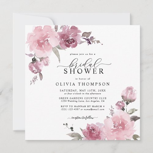 Dusty Rose Blush Mauve Floral Flower Bridal Shower Invitation