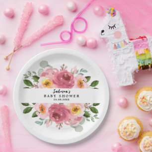 Dusty Rose   Blush Pink Floral Baby Shower Paper Plates