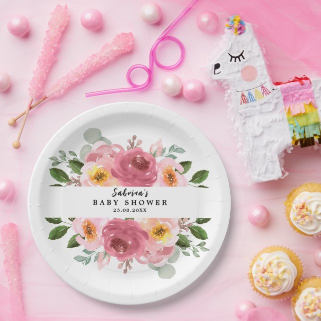 Dusty Rose | Blush Pink Floral Baby Shower Paper Plates (Party)