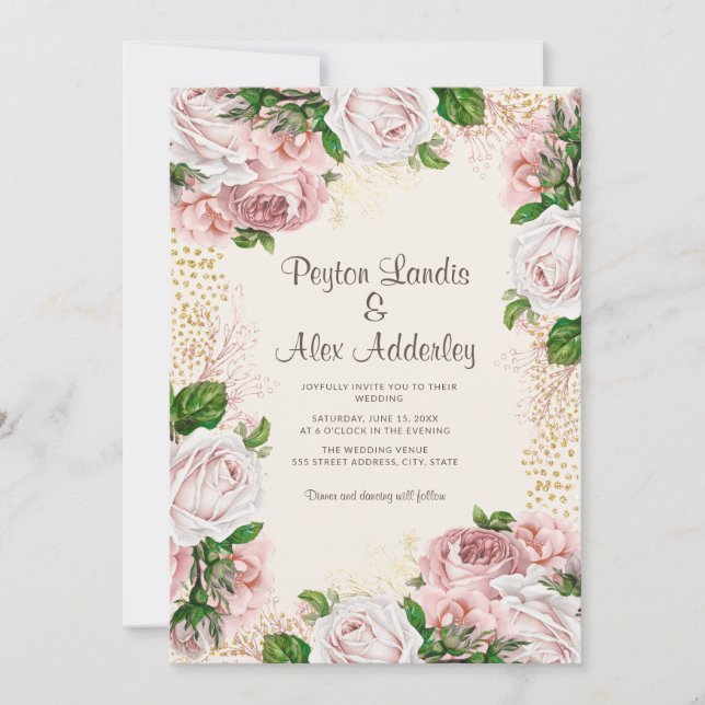 Dusty Rose Blush Pink Floral Gold Glitter Wedding Invitation (Front)
