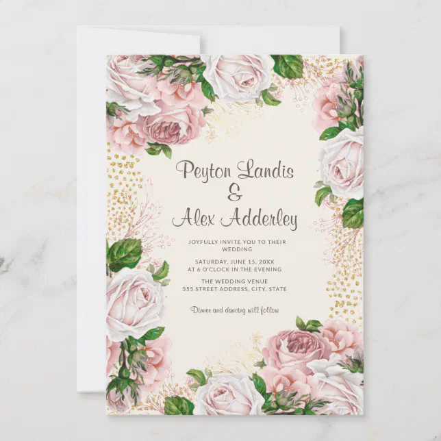 Dusty Rose Blush Pink Floral Gold Glitter Wedding Invitation | Zazzle