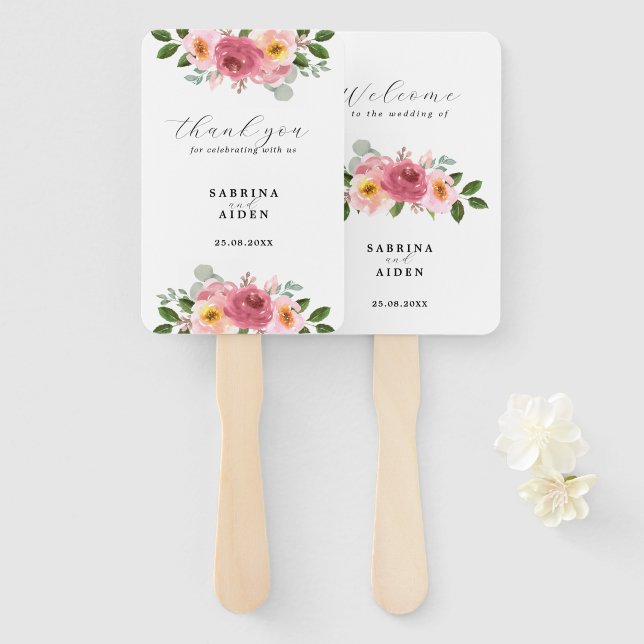 Dusty Rose | Blush Pink Floral Wedding  Hand Fan (Front and Back)