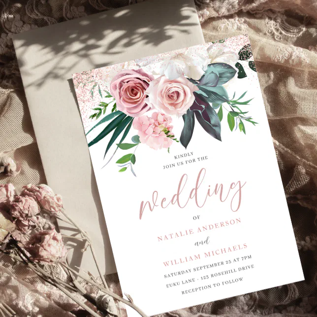 Dusty Rose Blush Pink Floral Wedding Invitation | Zazzle