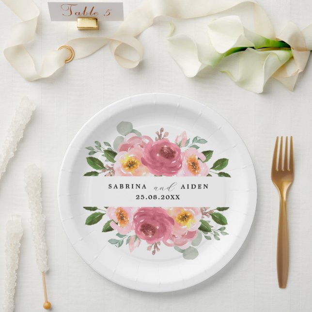 Dusty Rose | Blush Pink Floral Wedding  Paper Plates (Wedding)