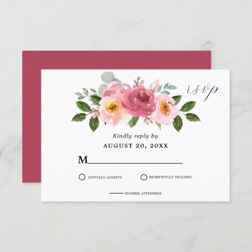 Dusty Rose  Blush Pink Floral Wedding RSVP Card