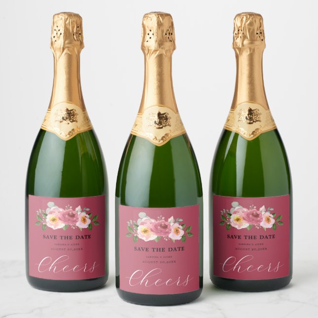 Dusty Rose | Blush Pink Floral Wedding  Sparkling Wine Label (Bottles)