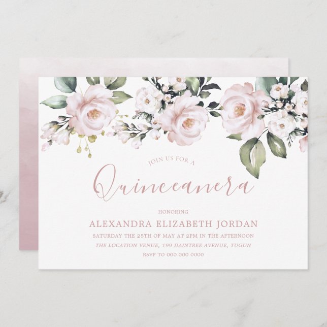 Dusty Rose Blush Pink Flowers Quinceanera Party Invitation (Front/Back)