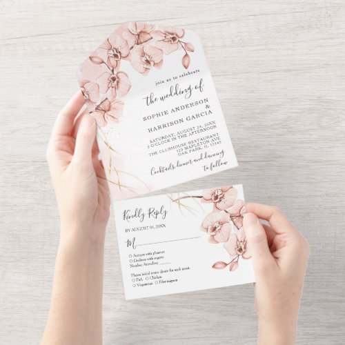 Dusty Rose Blush Pink Orchid Watercolor Wedding All In One Invitation